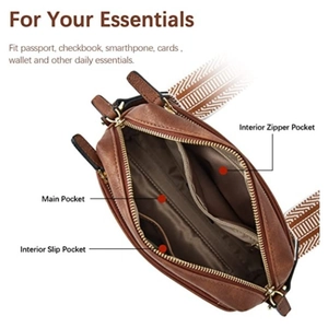 Detail of a brown leather crossbody bag showing internal pockets and a wide woven strap