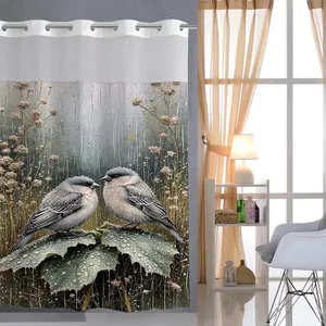 Detail of grey bird and floral pattern on waterproof shower curtain with hanging rings