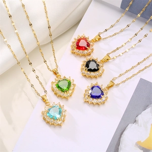 Heart Shaped Gemstone Pendant Necklace Copper Micro Pave Cubic Zirconia Clavicle Link Chain Elegant Jewelry For Women