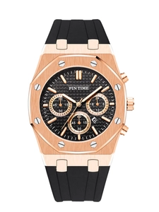 Macro detail of rose gold octagonal chronograph watch with black textured dial and screws