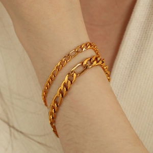 Double-layer gold Figaro and Cuban link chain bracelet in polished stainless steel for women