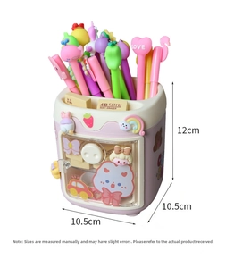 Pink fridge-shaped desk organizer with cute stickers and multi-compartment stationery storage