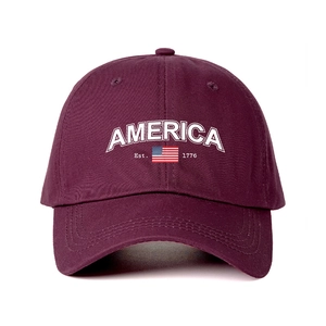 Vintage burgundy America 1776 cotton baseball cap with American flag and adjustable strap