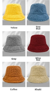 Detail view of lambswool bucket hats in six colors like yellow, wine red, and coffee
