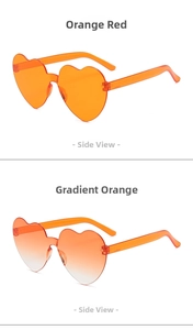 Side view of heart-shaped rimless sunglasses in orange red and gradient orange tones