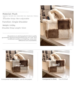 Detailed dimensions of plush checkerboard tote bag fitting A4 magazines and iPad