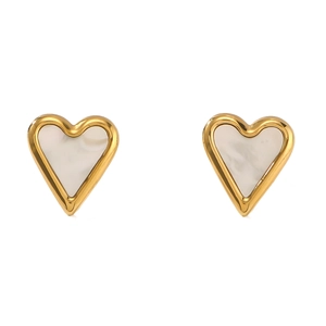 Elegant gold heart earrings with white mother of pearl inlay for women