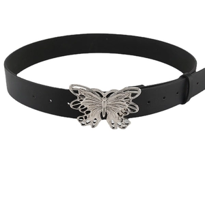 Women's black leather belt with a decorative silver butterfly metal buckle for jeans