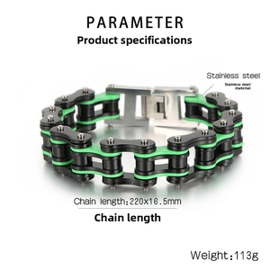 Macro detail of industrial bike chain bracelet in black and green stainless steel