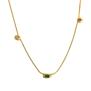 French vintage necklace in 18K gold plating with green zircon and multi-color stones