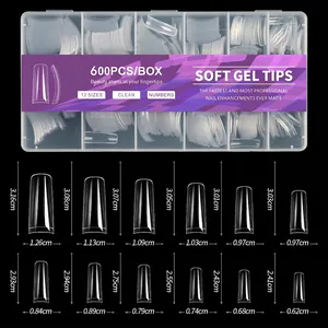 Size guide for 600pcs soft gel nail tips showing 12 sizes with precise measurements