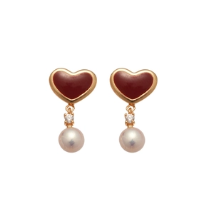 Elegant gold-plated red enamel heart earrings with white pearl pendants for women