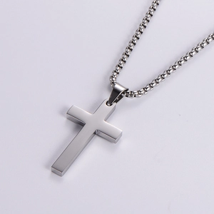 Silver stainless steel cross pendant necklace with a sleek Venetian box chain for men