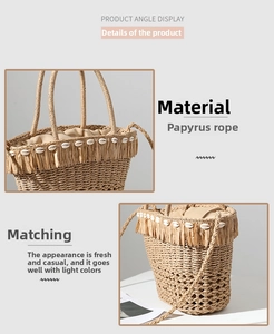 Dettaglio della borsa in paglia intrecciata con decorazioni di conchiglie e nappe in rafia