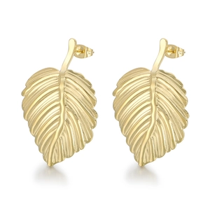 Elegant gold leaf-shaped stainless steel earrings featuring vintage natural vein textures