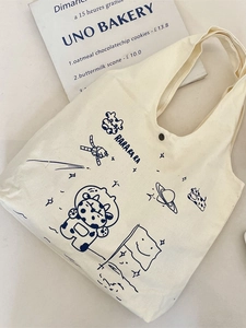 Canvas tote bag with cartoon astronaut cow print and large capacity for daily use