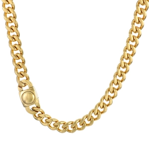 Collier gourmette en acier inoxydable doré poli avec boucle carrée sur fond blanc