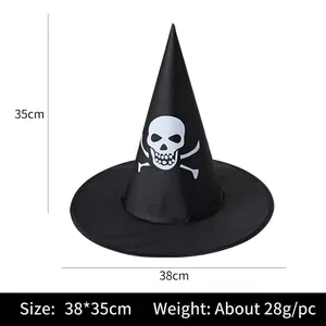 Detailed size chart showing 35cm height and 38cm width for black witch skull hat