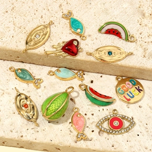 French style gold plated titanium steel charms with enamel fruit and evil eye shapes