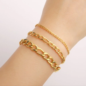 Three gold plated stainless steel Figaro and Cuban link chains for men's hip hop jewelry