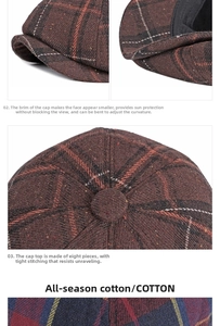 Detailed macro view of stitched cotton fabric texture and vintage plaid pattern of the cap