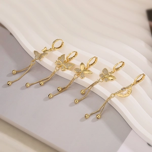 Butterfly Tassel Drop Earrings Gold Plated Copper Dainty Zircon Long Chain Hoop Jewelry For Women