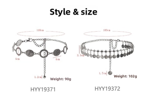 Detailed size and weight specs for vintage tassel coin waist chains in silver finish