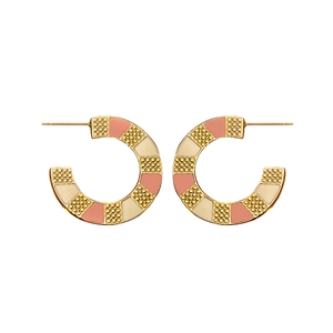Chic gold-plated C-shaped stainless steel earrings with pink and white enamel pattern