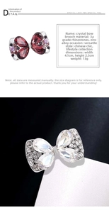 Detail showing crystal bow brooch size 4.1cm with 3A rhinestones and zinc alloy base