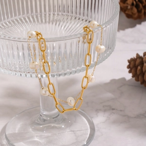 Vintage double-layer stainless steel bracelet with natural pearls and paperclip chain
