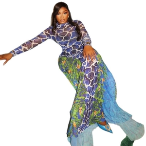 Robe longue moulante à manches longues avec imprimés floraux géométriques bleu et vert