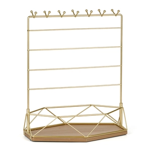 Golden iron jewelry display stand with wooden base for necklaces and earrings