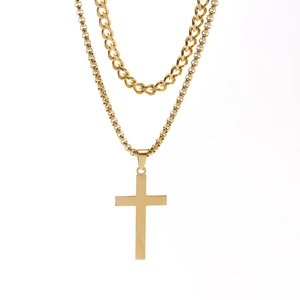 Men's double layer gold stainless steel necklace with cross pendant and cuban link chain