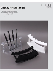 Detailed view of curved 6-slot acrylic pen display stands in clear, white and black colors