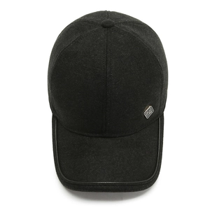 Men's black wool baseball cap for elderly with leather trim and metal logo detail