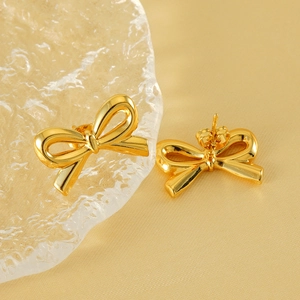 Polished 18K gold bow-shaped stud earrings for women with minimalist fashion design
