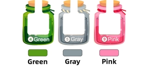 Detailed view of bottle-shaped magnetic maze pieces in green, gray and pink colors