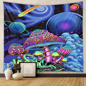 Detail of psychedelic bohemian tapestry with colorful mushrooms and starry galaxy patterns