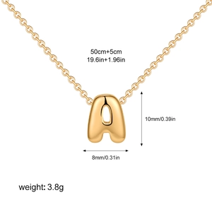 Bubble style letter A pendant necklace details with dimensions 10mm x 8mm and 50cm chain