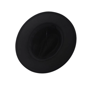 Classic black wool fedora hat with silver metal chain and wide brim, top view perspective