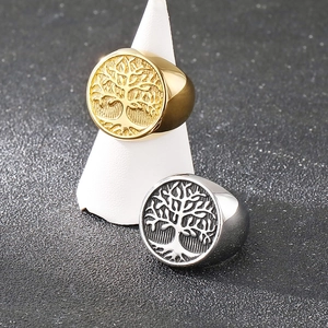 Vintage stainless steel Tree of Life signet ring with gold and silver finishes for men