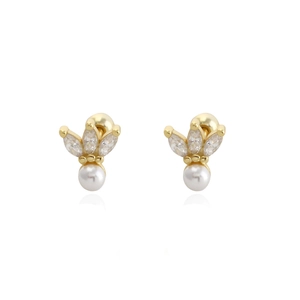 Marquise Zircon Artificial Pearl Stud Earrings 925 Sterling Silver Crown Shape Screw Back Design Elegant Women Jewelry Gift