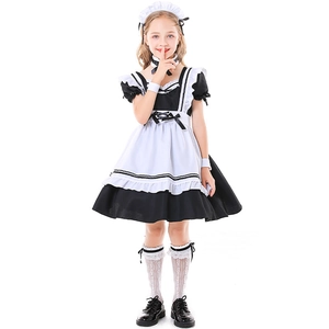 Classic black and white maid cosplay outfit for kids including dress apron and accessories
