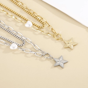 Double-layered stainless steel necklace set with star pendant and heart pearl in gold and silver