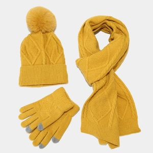 Winter set with knitted ginger yellow beanie, scarf and touch screen gloves for cold weather