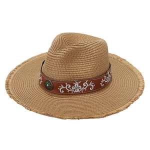 Retro straw sun hat with ethnic floral embroidery and turquoise accent for beach