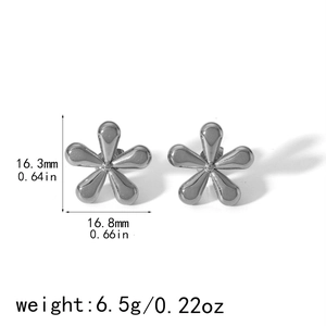 Detailed view of 18k gold plated flower earrings showing dimensions 16.3mm by 16.8mm