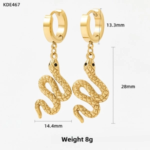 Detailed view of gold-plated snake earrings with scale textures and black stone eyes