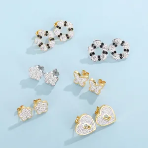 Rhinestone Stud Earrings Stainless Steel Heart Lock Butterfly Flower Elegant Zircon Jewelry For Women Korean Style