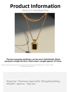 Detail of detachable layered 18k gold plated titanium steel chain with black square pendant
